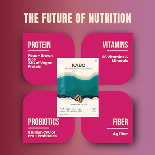 Image of KABO 23g Plant Protein Powder for Men & Women, Butter Coffee Flavour | 8 Billion CFU Probiotics, 26 Vitamins & Minerals, 60+ Superfoods | India's First 3-in-1 Nutritional Drink | 1 Pack (54g)