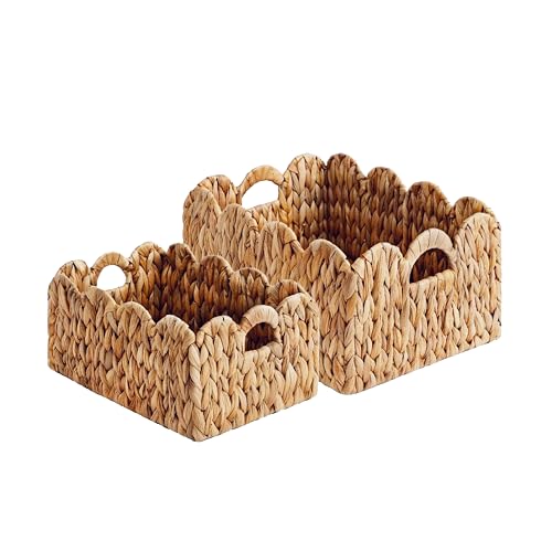 LUSYDECO Set of 2 Scalloped Edge Wicker Storage Basket with Built-in Handles, Rectangle Water Hyacinth Basket for Organizing, Decorative Woven Rattan Basket for Shelf, Nursery Room