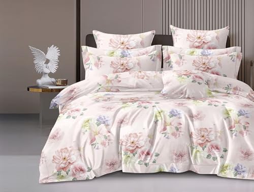 Image of DECOR2ADMIRE 300TC Glace Cotton Printed Super King Size Double Bedsheet with Two Pillow Covers, 108 x 108 Inches or 9 Feet x 9 Feet - (Baby Pink Rose)