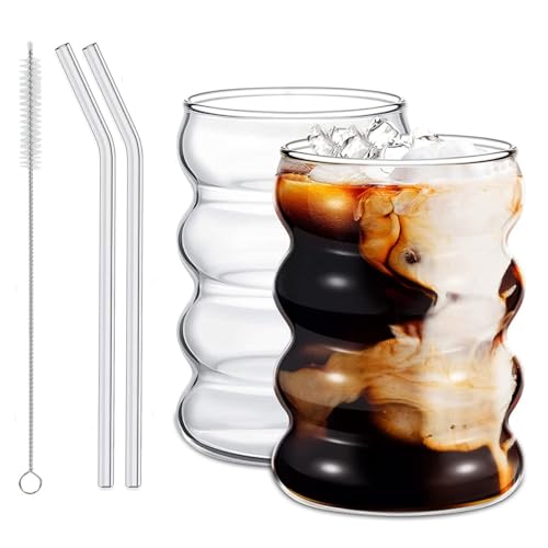 sengcengs Lot de 2 verres à latte macchiato - 320 ml - Verres à bulles avec pailles en verre - Verres à café nervurés - Pour café, jus, lait, eau, bière, etc