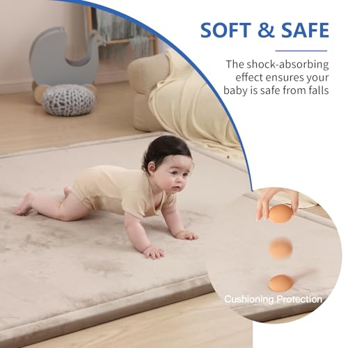 Image of Ultra Soft Baby Play Mat for Floor, 1.3 inch Thick Elasti-Foam 65x50 Play Mat for Playpen,Water-Repellent Coral Velvet for Tummy Time, Non-Slip Backing,Safe for Toddlers & Infants(Beige)