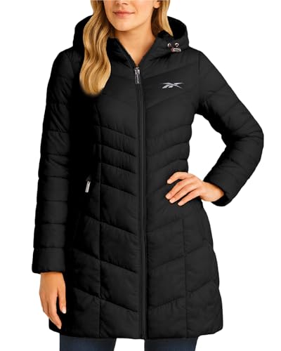 Reebok Womens Puffer Jacket - Lightweight Packable Long Length Quilted Puffer Winter Coat for Women (Also in Plus Size 1X-3X), Size Large, Black Ink