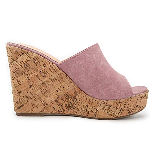 Image of LEHOOR Cork Wedge Mules for Women Platform Slide Sandals Peep Toe, High Wedge 4.5Inch Slippers Microfiber Suede 6-11 M US