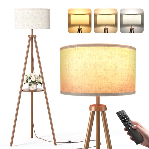 Tripod Floor Lamp with Storage Shelves - 12W Solid Wooden Standing Lamp with E27 Bulb & Remote Control Corner Lights for Living Room Bedroom Dark Brown - Round Shelf