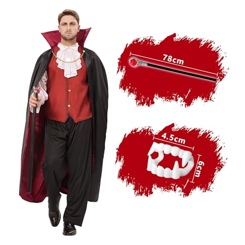 Funnlot Vampire Costume Men Halloween Vampire Costume with Cape Dracula Costumes Adult Black Red Cloak with Vampire Teeth for Mens