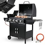TLSUNNY 4+1 Brenner Gasgrill, Gasgrill Master mit Seitenkochfeld, BBQ Grillwagen Gas mit 2 pcs Rad, Hochleistungsbrenner, Impulszünd, mit Thermometer, Große Grillfläche, Grillküche, 4*/2.93KW + 2.33KW