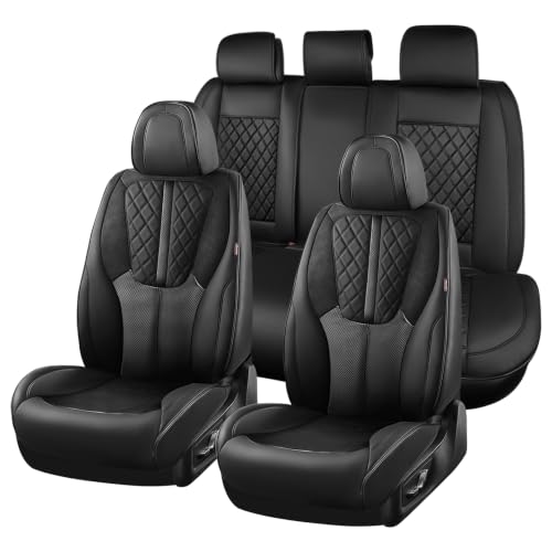 Image of Coverado Leather Car Seat Covers Full Set & Carbon Fiber, Luxury Black Leather Seat Covers, Waterproof and Durable Car Seat Protector, Automotive Seat Covers Universal Fit for Most Cars(Black)