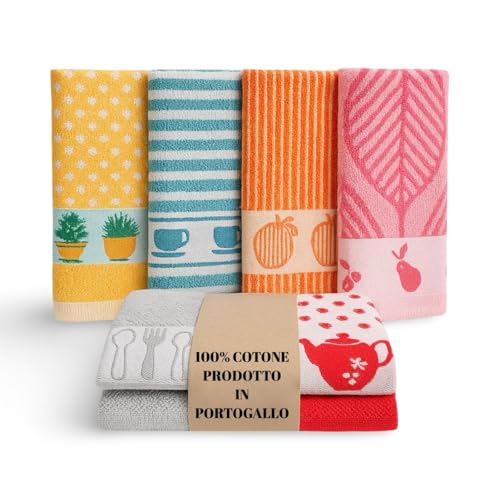 KRAPPS - Set 6 Pezzi Strofinacci Cucina Cotone 100% Made in Portogallo - Canovacci Cucina Cotone Assorbenti e Lavabili in Lavatrice, Stracci Cucina Multiuso Resistenti e Colorati