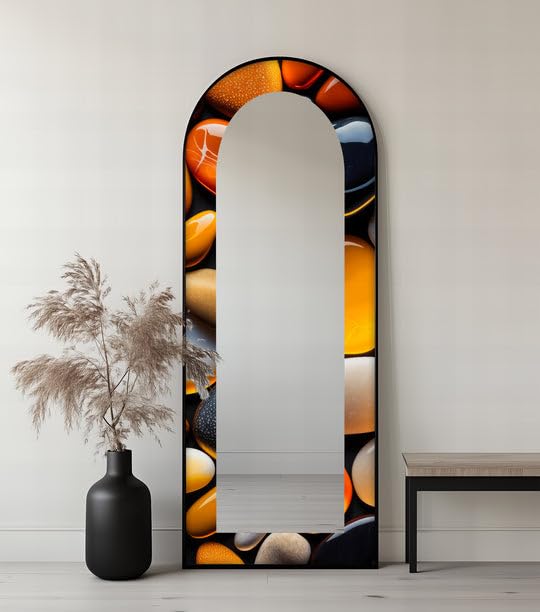 Zen & Spa Stones - Specchio da pavimento ad arco a lunghezza intera, con cornice nera e cornice dorata