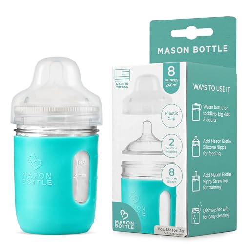 Image of Mason Bottle Glass Baby Bottle DIY Kit – Fits 8oz Mason Jars – Includes 2X Slow Flow Nipples, Silicone Sleeve, and Cap (Ring, Lid, and Jar Not Included) – Made in USA