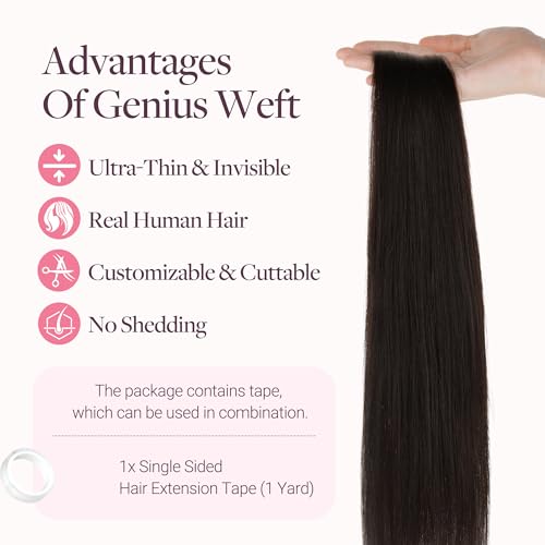 Image of GOO GOO Tape In Weft Hair Extensions Human Hair, Genius PU Long Weft Tape In Hair Extensions Real Human Hair, Silky Easy to Use, 2 Dark Brown 20 inch 60g 2pcs