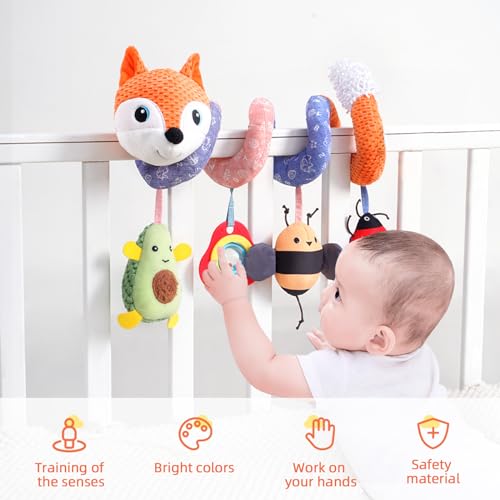 Image of Koty Car Seat Toys, Infant Baby Spiral Plush Activity Hanging Toy for Stroller Bar Pram Crib with Music Box BB Squeaker & Rattles(Orange Fox)