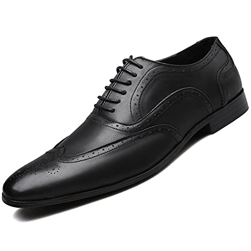 HOOENG Dress Oxford Shoes for Men Lace Up Square Toe Burnished Toe Brogue Wing tip Oxford Shoes Low Top Non Slip Block Heel Slip Resistant Prom(Color:Black,Size:7.5)