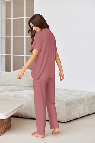 Image of Ekouaer Pajamas for Women Set Button Up Short Sleeve Pjs Sets With Pockets | Soft Womens Sleepwear,V Neck,Notch Collar,2 Piece Classic Loungewear With Long Pant for Sleep,Lounge,Fall