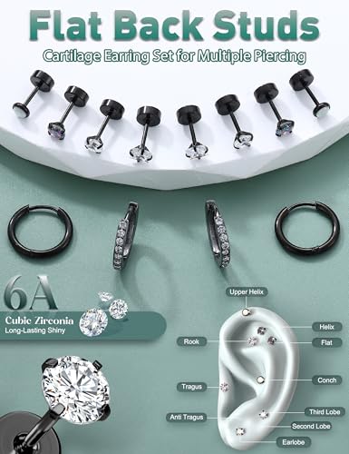 Florideco Hypoallergenic Surgical Steel Earrings 20G Flat Back Earrings for Women Trendy Cartilage Earring Stacks Small Stainless Steel Earring Sets for Multiple Piercing3