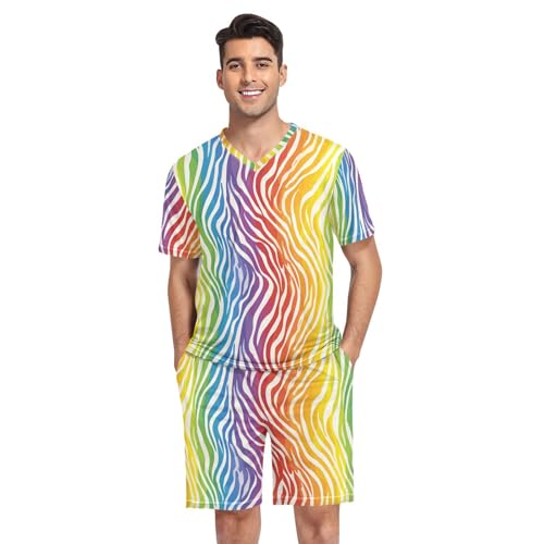 Color Zebra Print Men’s Pajama Sets 2 Piece Short Sleeve Sleepwear with Printed Design