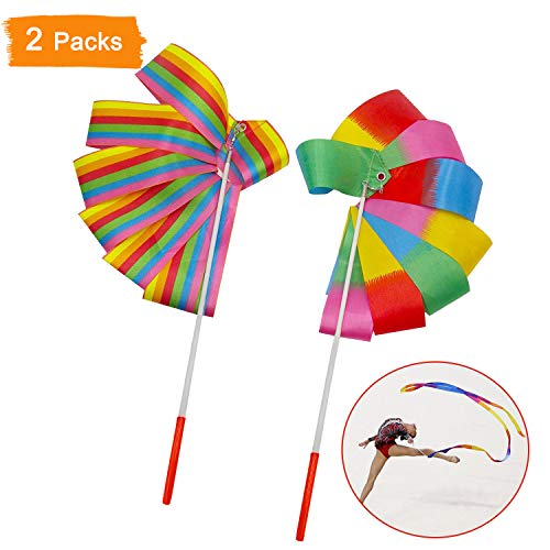 XCOZU 2 Piezas Cinta de Gimnasia Rítmica 4 Metros, Arco Iris Cinta Danza Streamers para Niñas Niños Danza Artística Baton Twirling
