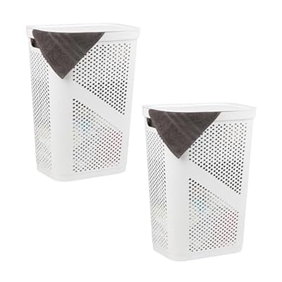 Mind Reader 60L Slim Laundry Hamper, Clothes Basket, Lid, Ventilated, Plastic, Set of 2, White