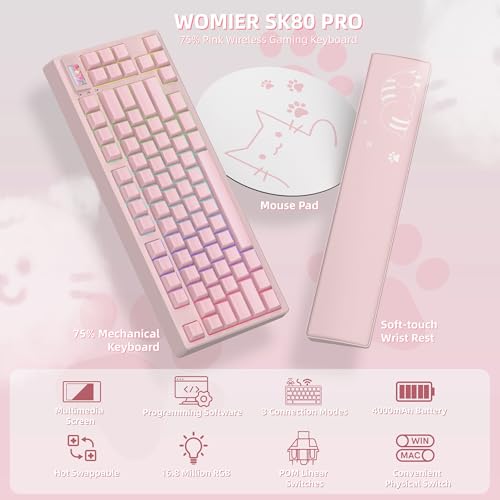 Image of Womier 75% Pink Keyboard Wireless with Color Multimedia Screen