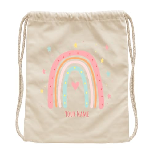 Jophy&Co Sacca Bambino Personalizzata | Zaino con Nome | 100% Cotone | Borsa Bambini Scuola/Asilo/Gita/Viaggi/Sport | 40x36cm (COD.8701) (Arcobaleno Fantasia A, Beige)