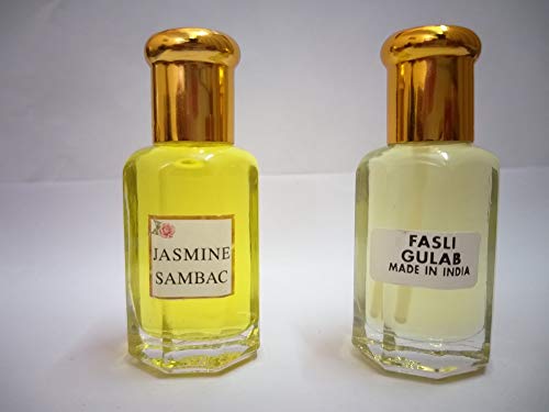 Dimraj Creations Rose, Gulab Fasli and Jasmine, Jasmine Sambac Attar/Ittar Concentrated Perfume Oil - 10+10 ml Floral Combo of Rose and Jasmine Fragrance
