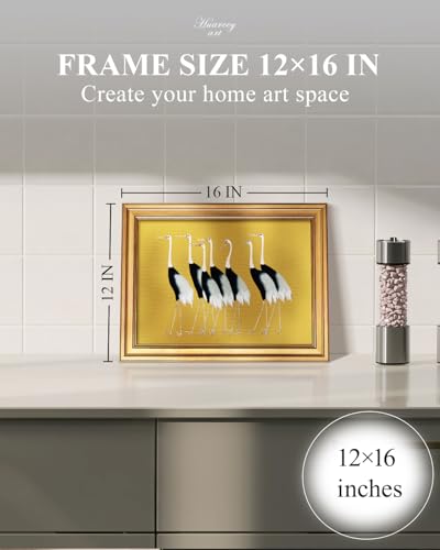 Image of HUARCEY Gold Framed Vintage Wall Art for Living Room, Animals Painting Prints Shelf Decor for Kitchen, Aesthetic Bedroom Wall Art Decor, Christmas Gifts for Friends or Family (Seven Cranes 12 inchx16 inch)