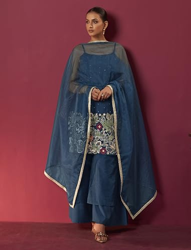 Image of Arangya Women's Embroidered Strappy Kurta & Flowy Palazzo with Organza Dupatta l Designer Ethnic Suit Set l Outfit