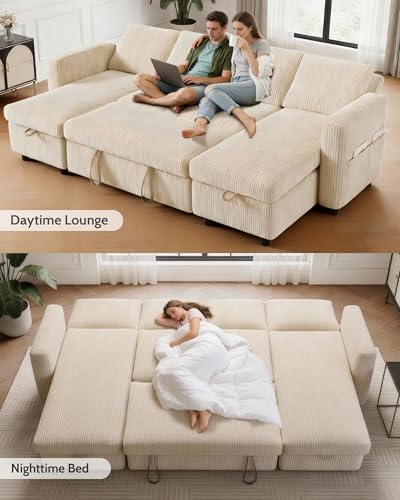 Image of WEUP 106 inch U Shaped Sectional Sleeper Sofa Bed with Pull Out Bed, Sectional Sleeper Couch Pull Out Couch with Reclining Backrest /Reversible Storage Chaise /USB Ports /Tool-Free Assembly, Corduroy Beige