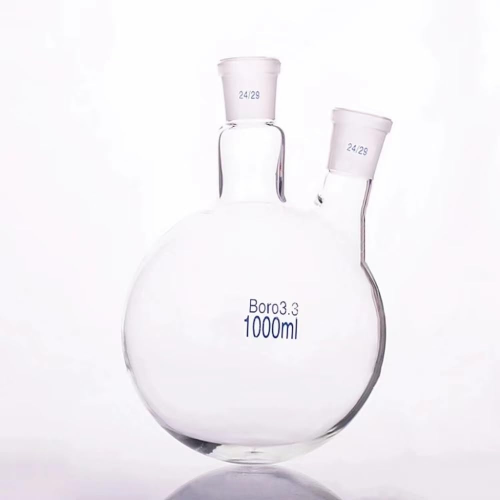Zweihalskolben mit abgeschrägter Öffnung, Standard-Schlifföffnung an beiden Hälsen, Fassungsvermögen 1000 ml, Mittelgelenk 24/29, Seitengelenk 24/29