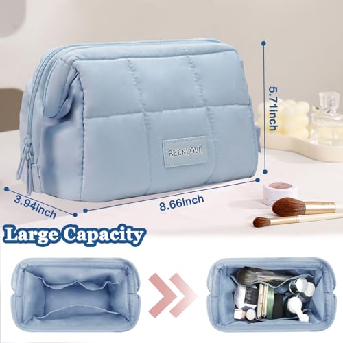 Image of Puffy Makeup Bag Travel Toiletry Bag, Waterproof Make Up Bag for Women, Lightweight Wide-open Cosmetic Bag with Multiple Compartments, Pouch Travel Essentials Toiletries, Blue