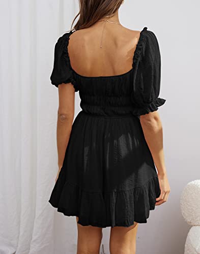 Merzhiiry Womens Puff Sleeve Square Neck Dress Black Ruffle Flowy A Line Swing Boho Skater Smocked Sun Short Dresses Summer Casual Beach L #TOP2