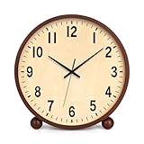 Maxspace Wooden Table Clock,8in Silent Non-Ticking Desk Clock,Battery Operated Desktop Analog Clock for Living Room Bedroom Kitchen Office Classroom Decor (Walnut)