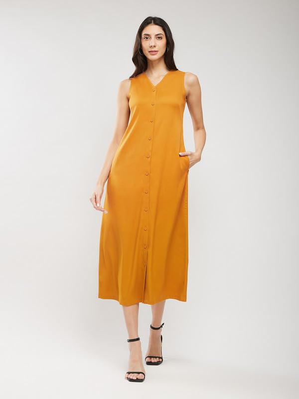 Image of FableStreet Women Casual Midi Cotton Button Down A-Line Dress | Button Down Flowly Dress Perfect for Outings