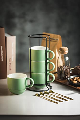 Yhosseun 11 Oz Coffee Mugs With Rack And Metal Spoon - Porcelain Coffee Cups With Stand For Espresso, Latte, Cappuccino - Ceramic Tea Cup Demitasse Cups Set Of 4 For Coffee Time, Green #TOP2