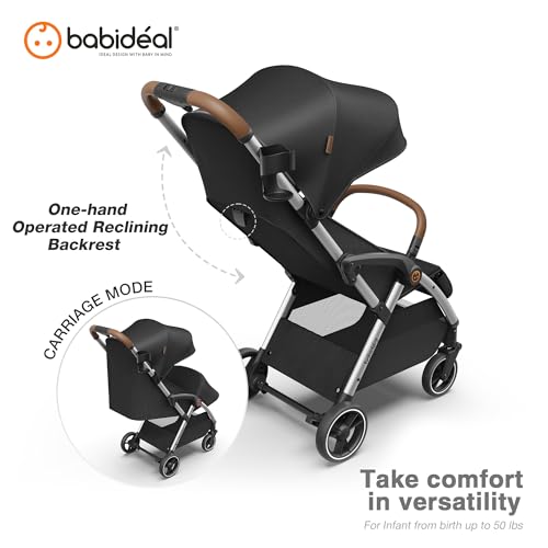 Image of Babideal Lightweight Travel Stroller for Baby, Self-Folding Toddler Stroller with Large Canopy, One-Hand Operated Reclining Seat, Cup Holder Included - Newborn to 50lbs. (Black)