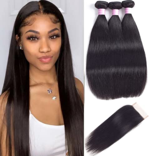 Abbily Hair 16 18 20+14 Bundles with closure Straight Hair 10A Brazilian Virgin Straight Human Hair 3 Bundle with Free P
