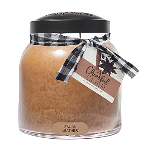 A Cheerful Giver — Italian Leather - 34oz Papa Scented Candle Jar with Lid - Keepers of the Light - 155 Hours of Burn Time, Gift Candle, Brown Cover