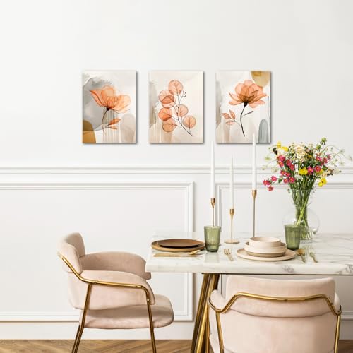 Image of NutArtPic Flower Canvas Wall Art Orange Floral Pictures Minimalist Neutral Wildflower Painting Prints for Home Decor 12''x16''x3pcs