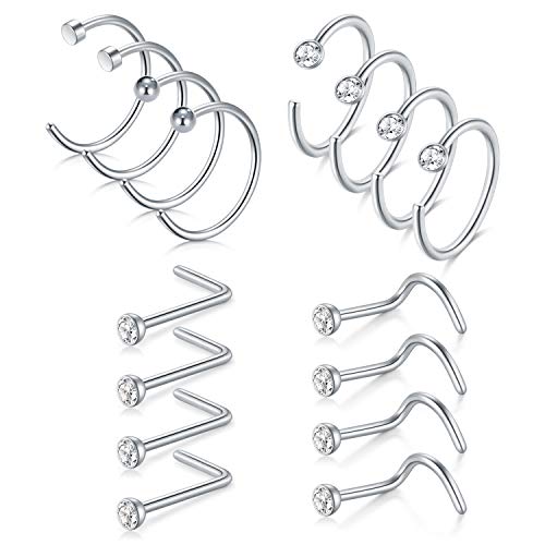 Silver Nose Stud Rings, 18G 8mm 10mm Clip On Septum Cartilage Nose Ring Studs for Body Piercing Jewelry