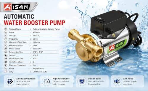 Image of KISAN | Automatic Water circulation Booster Pump With Wall Mounting Bracket Suitable for 100C Hot & cold Water Circulation | 90 W | 2900 RPM | 20 LPM | 10 M Head for Ges geyser, Washing Machine