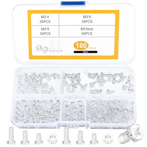 180 Pcs M3 Plastic Screws, Nuts and Bolts Set, Transparent Acrylic Machine Screws, Phillips Flat Head and Clear Cross Head Screws Kit