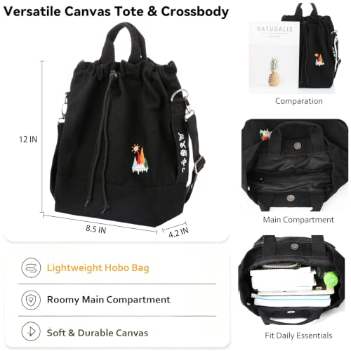 Image of Women Canvas Tote Handbags Casual Shoulder Work Bag Crossbody Bag with Sunshine Embroidery