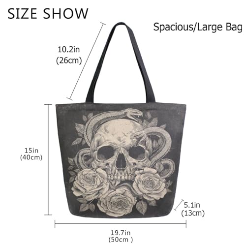 Skull in Roses Snakes Dark Extra Large Canvas Gym Shoulder Tote,Durable Reusable Daily Top Handle Bag for Mens Womens Yoga Weekender Picnic Beach Travel Market Shopping4