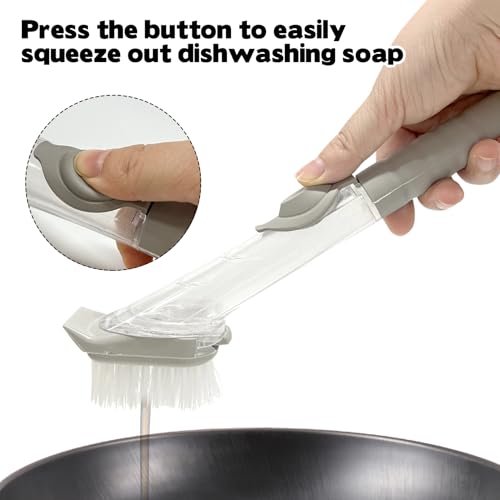 Image of Soap Dispensing Dish Brush, Soap Control Dishwand with 2 Sponge Heads 2 Replaceable Heads 2 Wire Ball Heads Handle Non-Scratch Brush Scrubber for Kitchen Dishes Pots Pans Sink Cleaning