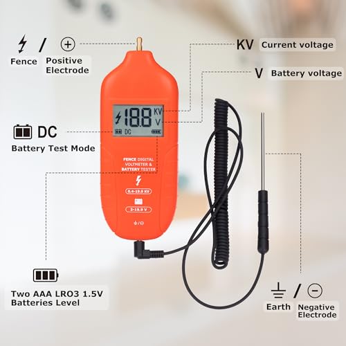 Image of Electric Fence Tester Fault Finder Digital Electric Fence Voltage Tester Max 19.9kv, Fence Voltage Tester with Large LCD Display, Grounding & 1.5V Battery Included