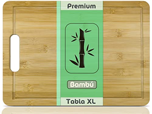 Tabla de cortar 26x36 CM Tabla de Madera con Ranura para Jugos, de Bambú macizo Natural XXL Resistente a los Cortes y a las Caídas, Tabla de Cocina, Tabla de corte ideal para picar, madera premium