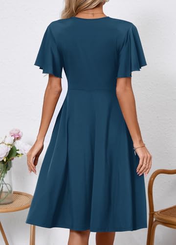 Image of Women's Casual Summer Dress V Neck Short Sleeve Flowy Stretchy Comfort Fit for Daily Wear Work Midi Dresses