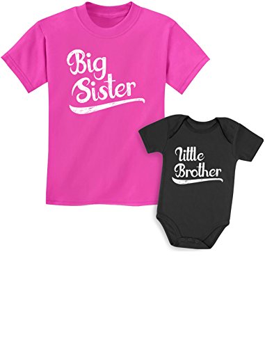 Big Sister Little Brother Outfit Matching Shirts Toddler Baby Newborn Set Girls Shirt Wow Pink/Baby Black Kids Shirt 3T / Baby 6M