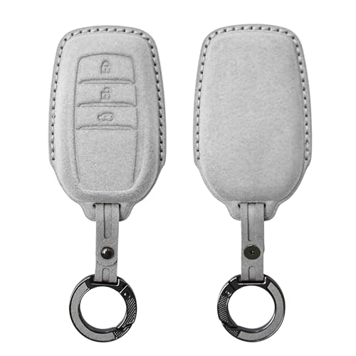 Image of KMH Alcantara Key Cover Compatible with Toyota Fortuner | Fortuner Legender | Innova Hycross 3 Button Shell Case Holder Full Key Protector Smart Keycover with Keychain (D3) Grey - Pack of 2