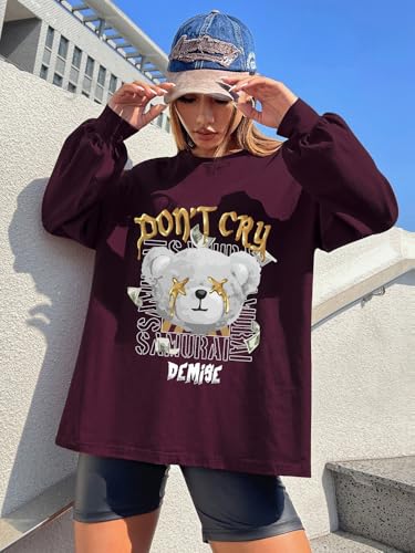 Image of CHKOKKO Oversized Round Neck Drop Shoulder Printed Polyester Full Sleeves T-Shirt for Women